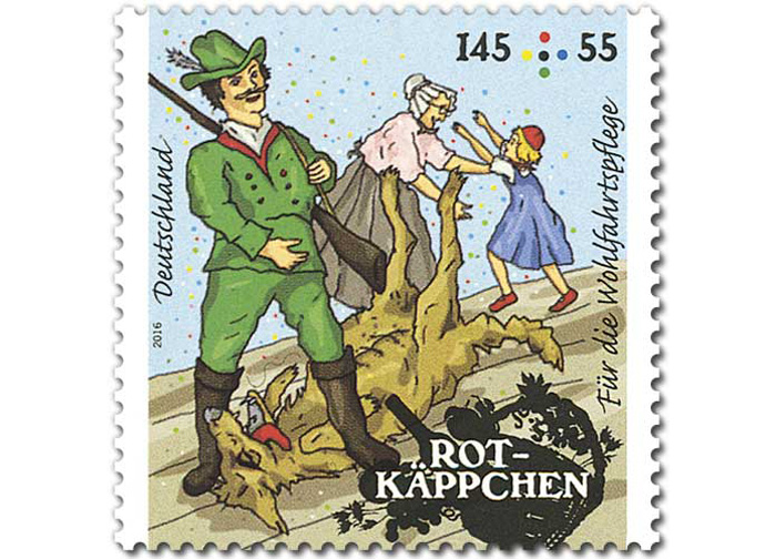 2016 auf Briefmarke erledigt und verewigt: Rotkäppchens böser Wolf.