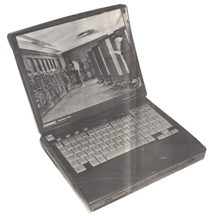 Nicht nur das Bild des «Eniac» hat auf dem Notebook Platz. Das Kleingerät von heute übertrifft den garagengrossen Computer von 1946 auch in der Leistung um das Hundertfache. (Fotomontage: Urs Scheidegger)